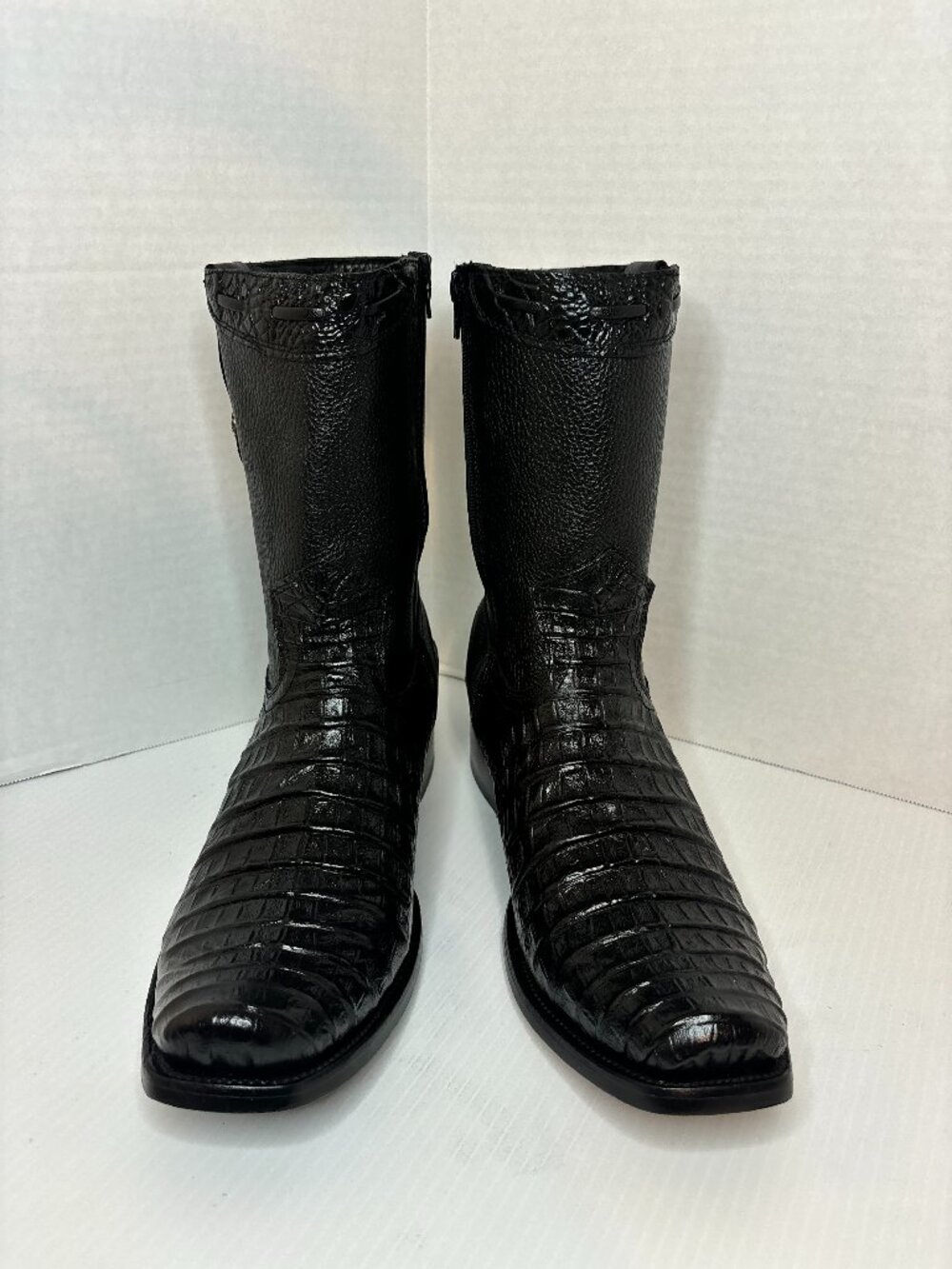 Mens Cowboy Boots Black Imitation Cayman Crocodile Genuine Cow Leather Dubai Toe